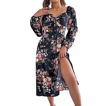 Women‘s Printed V-Neck Maxi Dress with Long Sleeves and Flowy Skirt - Elegant Boho Casual Dress