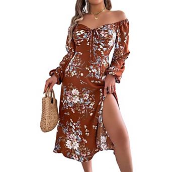 Women‘s Printed V-Neck Maxi Dress with Long Sleeves and Flowy Skirt - Elegant Boho Casual Dress
