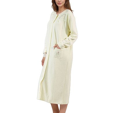Women’s Quilted Fleece Button-Front Long Sleeves Nightgown with Floral Embroidery Design