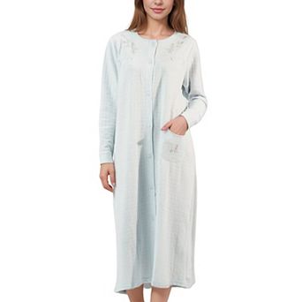 Women’s Quilted Fleece Button-Front Long Sleeves Nightgown with Floral Embroidery Design