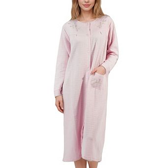 Women’s Quilted Fleece Button-Front Long Sleeves Nightgown with Floral Embroidery Design