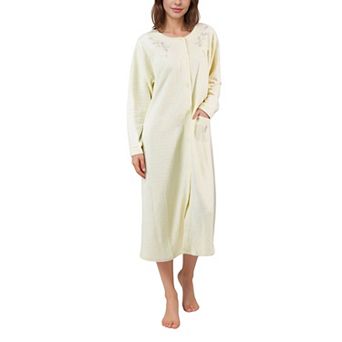 Women’s Quilted Fleece Button-Front Long Sleeves Nightgown with Floral Embroidery Design