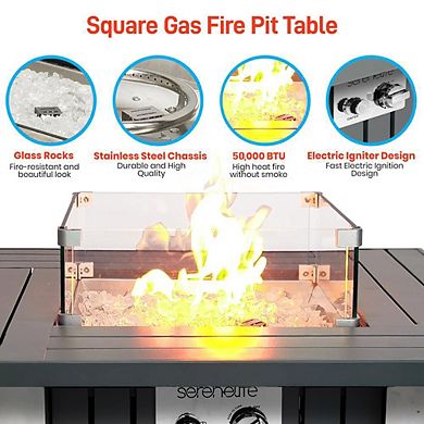 SereneLife Outdoor Propane Fire Pit Table, 50,000 BTU, Adjustable Flame, Glass Wind Guard