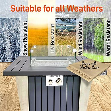 SereneLife Outdoor Propane Fire Pit Table, 50,000 BTU, Adjustable Flame, Glass Wind Guard