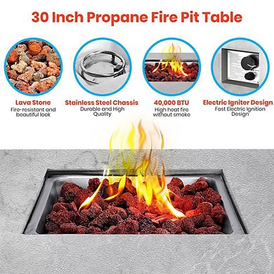 SereneLife 40,000 BTU Propane Gas Fire Pit Table, Adjustable Flame, Lava Rocks, Cover