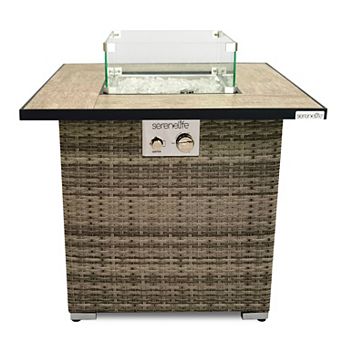 SereneLife 50,000 BTU Propane Fire Pit, Wicker Base, Glass Guard, Outdoor Fireplace