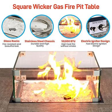 SereneLife 50,000 BTU Propane Fire Pit, Wicker Base, Glass Guard, Outdoor Fireplace