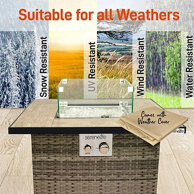 SereneLife 50,000 BTU Propane Fire Pit, Wicker Base, Glass Guard, Outdoor Fireplace