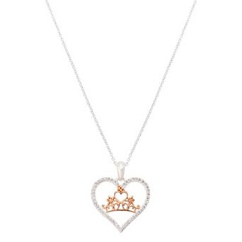 Disney's Princess Fine Silver Plated & Rose Gold Two-Tone Heart & Crown Pendant Necklace