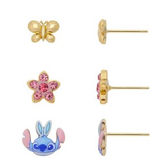 Disney's Lilo & Stitch 14k Gold Flash Plated Butterfly, Crystal Flower & Stitch Earring Set
