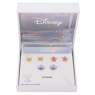 Disney's Lilo & Stitch 14k Gold Flash Plated Butterfly, Crystal Flower & Stitch Earring Set
