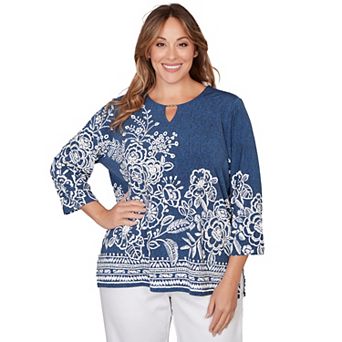 Plus Size Alfred Dunner Floral Border Embroidered Split Neck Top