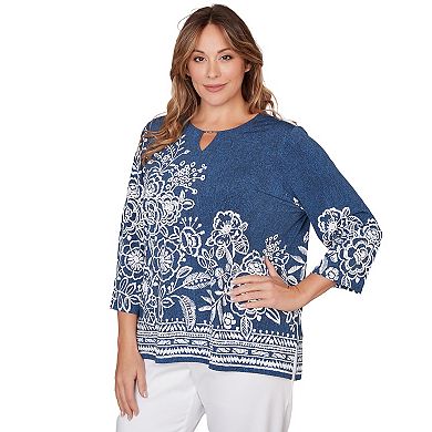 Plus Size Alfred Dunner Floral Border Embroidered Split Neck Top