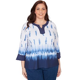 Plus Size Alfred Dunner Tie Dye Border Split Neck Top