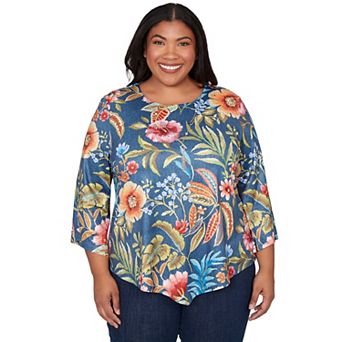 Plus Size Alfred Dunner Floral Print Pointed Hem Top with Necklace
