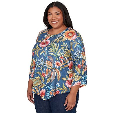 Plus Size Alfred Dunner Floral Print Pointed Hem Top with Necklace
