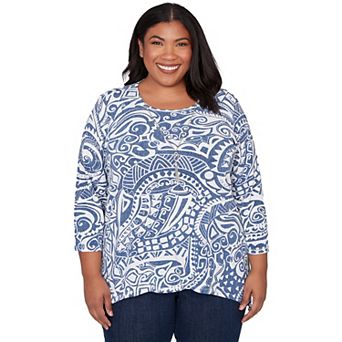 Plus Size Alfred Dunner Paisley Swirl Sharkbite Hem Top with Necklace