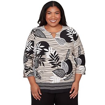 Plus Size Alfred Dunner Tropical Leaf Border Print Split Neck Top