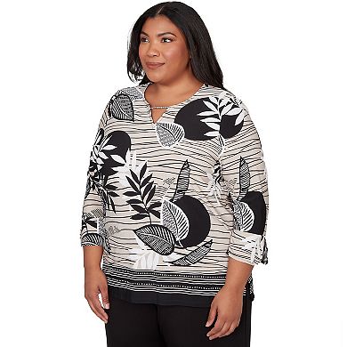 Plus Size Alfred Dunner Tropical Leaf Border Print Split Neck Top