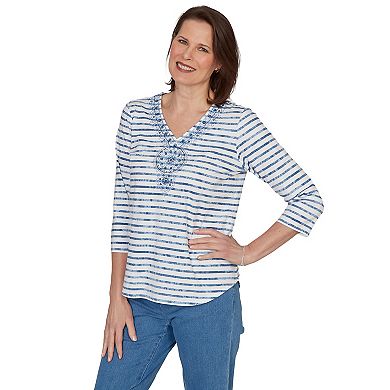 Plus Size Alfred Dunner Medallion Embroidered Stripe V-Neck Top
