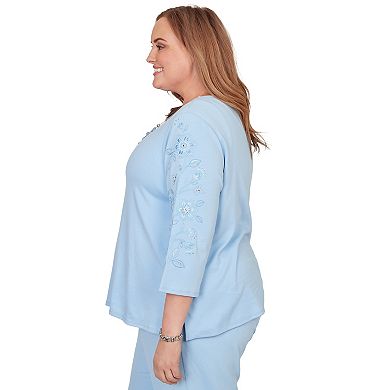 Plus Size Alfred Dunner Embroidered Floral Sleeve Accent Top with Necklace