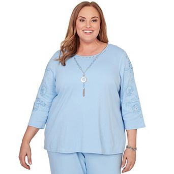 Plus Size Alfred Dunner Embroidered Floral Sleeve Accent Top with Necklace
