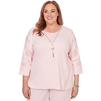 Plus Size Alfred Dunner Embroidered Floral Sleeve Accent Top with Necklace