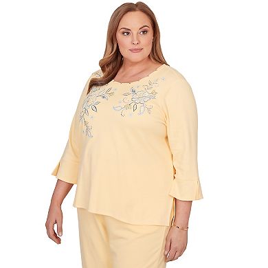 Plus Size Alfred Dunner Interlaced Neck Floral Three Quarter Sleeve Top