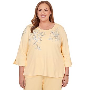 Plus Size Alfred Dunner Interlaced Neck Floral Three Quarter Sleeve Top