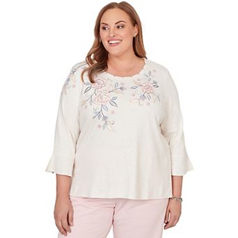 Plus Size Alfred Dunner Interlaced Neck Floral Three Quarter Sleeve Top