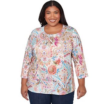 Plus Size Alfred Dunner Paisley Floral Pleated Neck Top