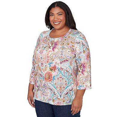 Plus Size Alfred Dunner Paisley Floral Pleated Neck Top