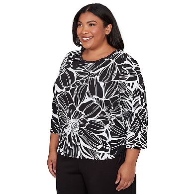 Plus Size Alfred Dunner Floral Linework Side Tie Ruched Top