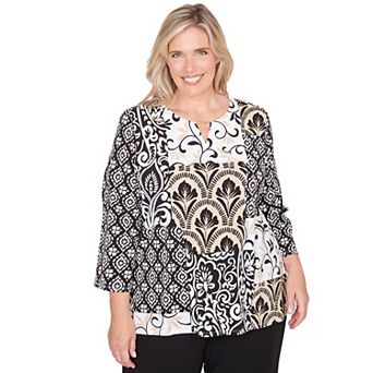 Plus Size Alfred Dunner Geometric Scroll Patchwork Split Neck Top