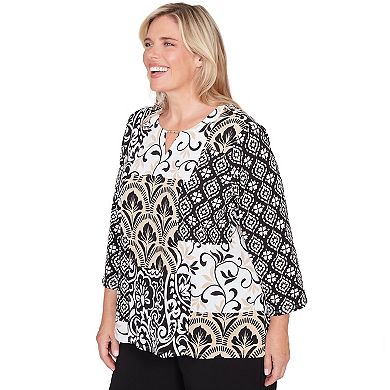 Plus Size Alfred Dunner Geometric Scroll Patchwork Split Neck Top