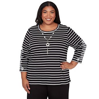 Plus Size Alfred Dunner Pinstripe Embroidered Sleeve Top with Necklace