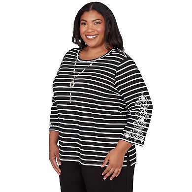 Plus Size Alfred Dunner Pinstripe Embroidered Sleeve Top with Necklace