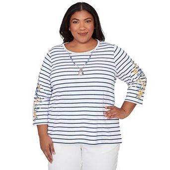 Plus Size Alfred Dunner Floral Embroidered Stripe Top with Necklace