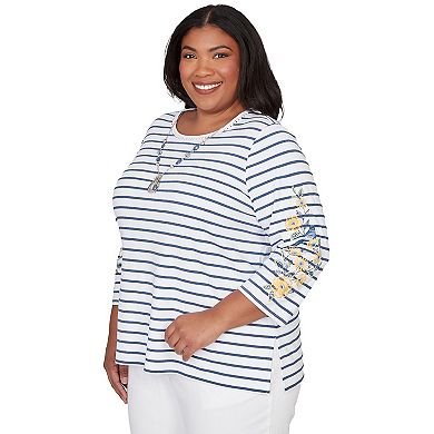 Plus Size Alfred Dunner Floral Embroidered Stripe Top with Necklace