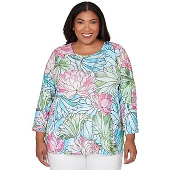 Plus Size Alfred Dunner Stained Glass Floral Print Top with Necklace