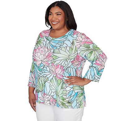 Plus Size Alfred Dunner Stained Glass Floral Print Top with Necklace