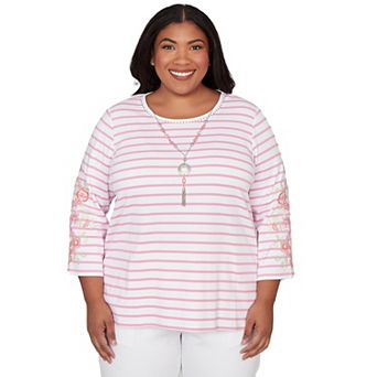 Plus Size Alfred Dunner Stripe Embroidered Sleeve Top with Necklace