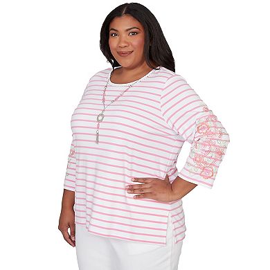 Plus Size Alfred Dunner Stripe Embroidered Sleeve Top with Necklace