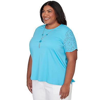 Plus Size Alfred Dunner Solid Eyelet Sleeve Tee with Necklace
