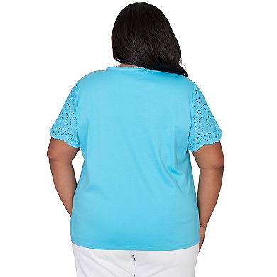 Plus Size Alfred Dunner Solid Eyelet Sleeve Tee with Necklace