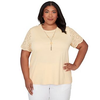 Plus Size Alfred Dunner Solid Eyelet Sleeve Tee with Necklace