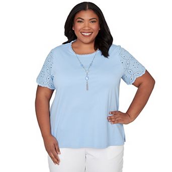Plus Size Alfred Dunner Solid Eyelet Sleeve Tee with Necklace