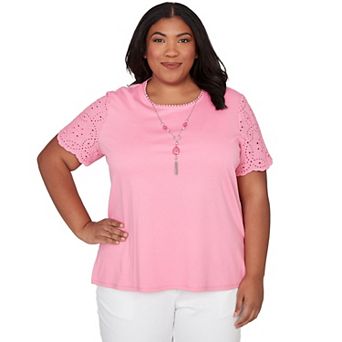 Plus Size Alfred Dunner Solid Eyelet Sleeve Tee with Necklace