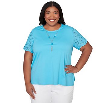 Plus Size Alfred Dunner Solid Eyelet Sleeve Tee with Necklace