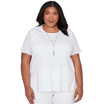 Plus Size Alfred Dunner Solid Eyelet Sleeve Tee with Necklace
